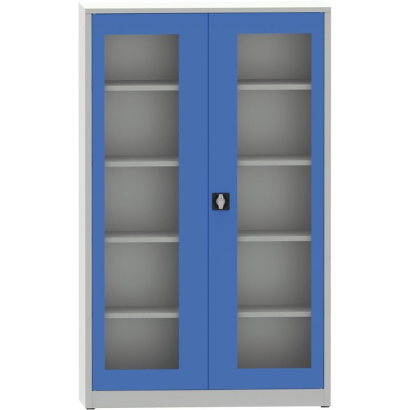 Svařovaná policová skříň s prosklenými dveřmi, 1950 x 1200 x 600 mm, šedá/modrá