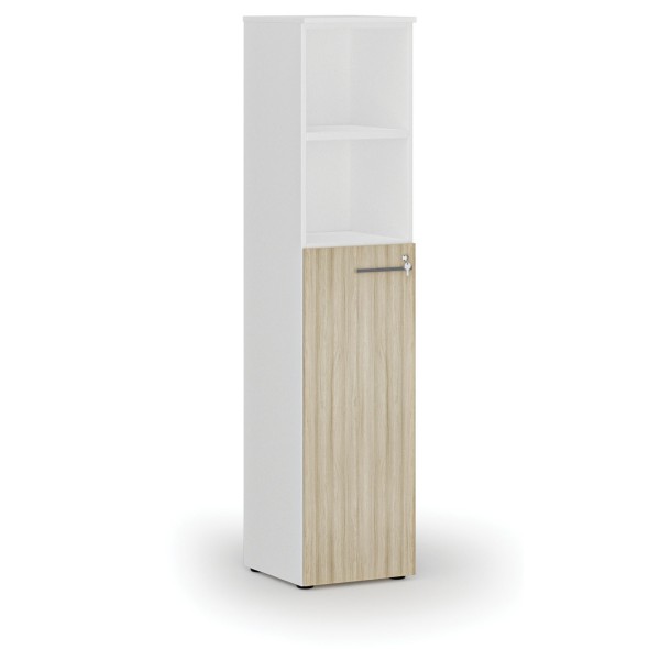 Szafa biurowa kombinowana PRIMO WHITE, drzwi na 3 poziomach, 1781 x 400 x 420 mm, biały/dąb naturalny