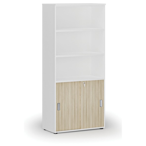 Szafa biurowa kombinowana PRIMO WHITE, drzwi przesuwne na 2 poziomach, 1781 x 800 x 420 mm, biały/dąb naturalny