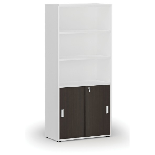 Szafa biurowa kombinowana PRIMO WHITE, drzwi przesuwne na 2 poziomach, 1781 x 800 x 420 mm, biały/wenge