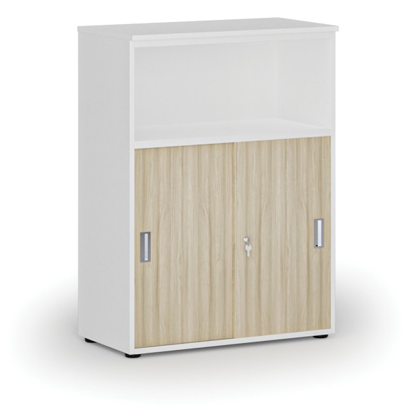 Szafa biurowa kombinowana z drzwiami przesuwnymi PRIMO WHITE, 1087 x 800 x 420 mm, biały/dąb naturalny