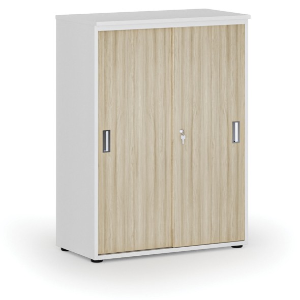 Szafa biurowa z drzwiami przesuwnymi PRIMO WHITE, 1087 x 800 x 420 mm, biały/dąb naturalny