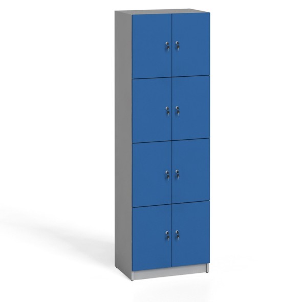 Szafa drewniana ze schowkami, 8 drzwi, 2x4, szary / niebieskie