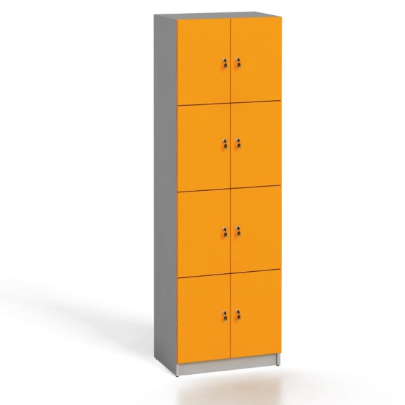 Szafa drewniana ze schowkami, 8 drzwi, 2x4, szary / pomarańczowe