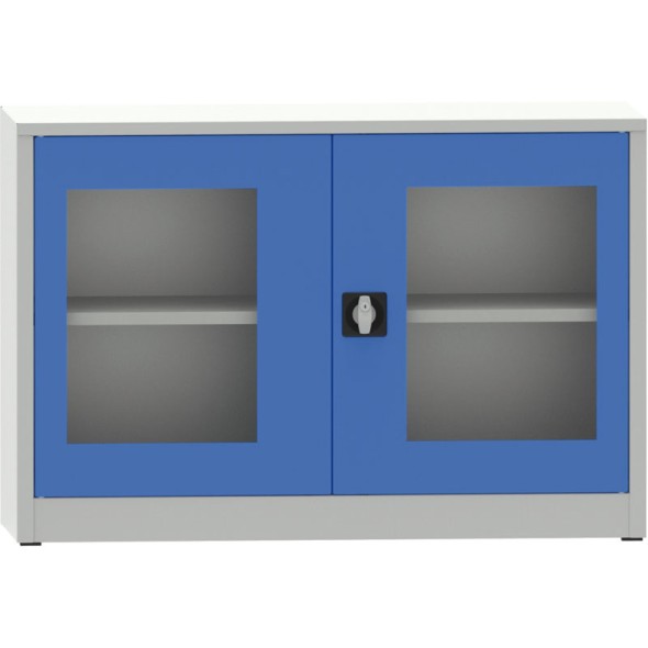 Szafa z półkami spawana ze szklanymi drzwiami, 800 x 1200 x 500 mm, szara/niebieska