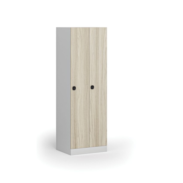 Szafka ubraniowa metalowa, 2-drzwiowa, 1850 x 600 x 500 mm, zamek elektroniczny na kod, drzwi laminowane, dąb naturalny