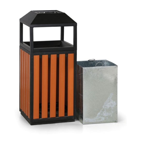 Venkovní odpadkový koš s popelníkem, 400 x 400 x 950 mm, černá / dezén dřeva