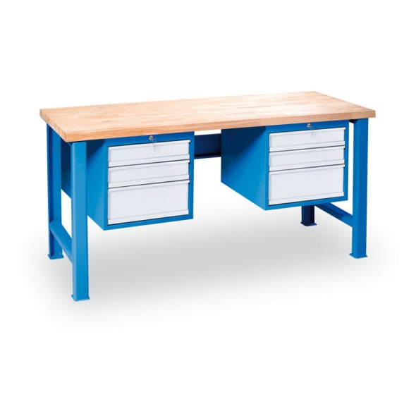 Výškově nastavitelný pracovní stůl GÜDE Variant se 2 závěsnými boxy na nářadí, buková spárovka, 6 zásuvek, 2000 x 685 x 850 - 1050 mm, modrá
