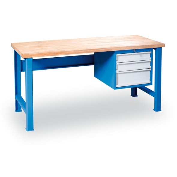 Výškově nastavitelný pracovní stůl GÜDE Variant se závěsným boxem na nářadí, buková spárovka, 3 zásuvky, 2000 x 800 x 850 - 1050 mm, modrá