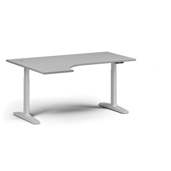 Výškově nastavitelný stůl, elektrický, 675-1325 mm, rohový levý, deska 1600x1200 mm, bílá podnož, šedá