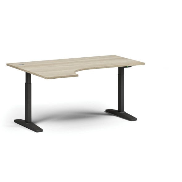 Výškově nastavitelný stůl, elektrický, 675-1325 mm, rohový levý, deska 1600x1200 mm, černá podnož, dub přírodní