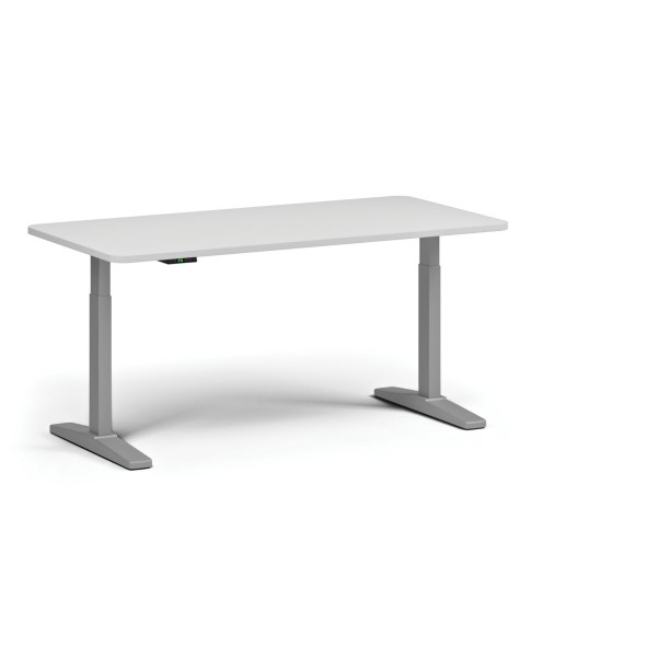 Výškově nastavitelný stůl, elektrický, 675-1325 mm, zaoblené rohy, deska 1600x800 mm, šedá podnož, bílá