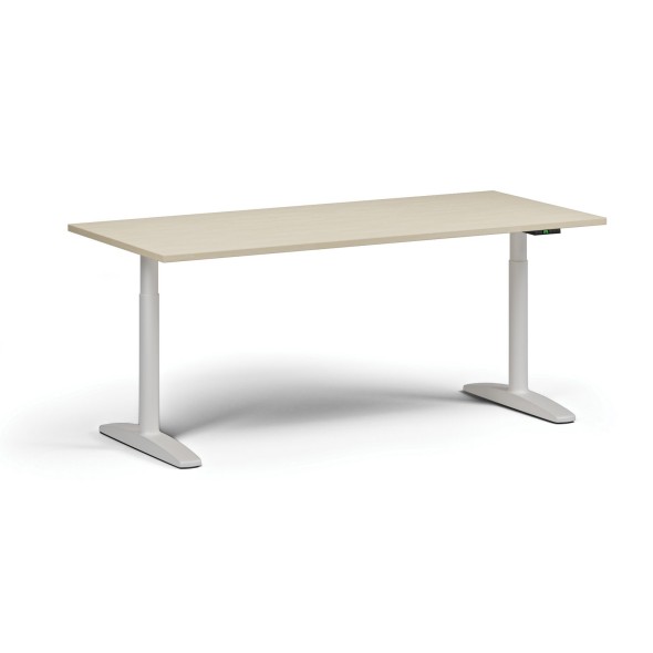 Výškově nastavitelný stůl OBOL, elektrický, 675-1325 mm, deska 1800x800 mm, bílá zaoblená podnož, bříza