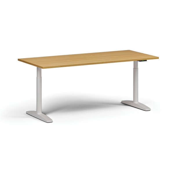 Výškově nastavitelný stůl OBOL, elektrický, 675-1325 mm, deska 1800x800 mm, bílá zaoblená podnož, buk