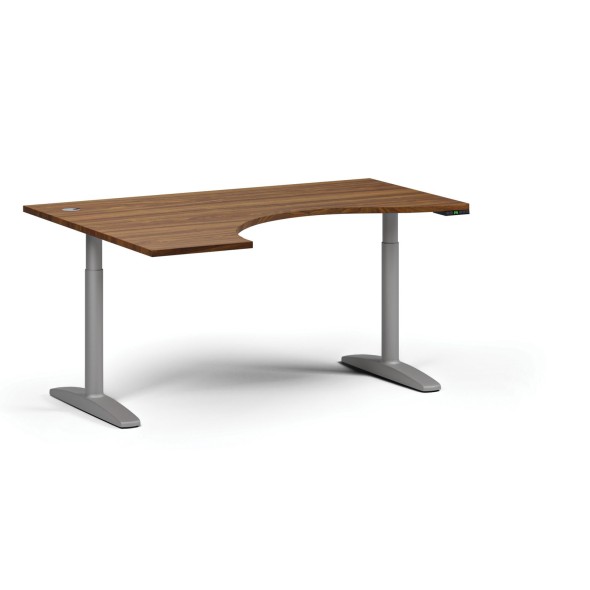 Výškově nastavitelný stůl OBOL, elektrický, 675-1325 mm, ergonomický levý, deska 1600x1200 mm, šedá zaoblená podnož, ořech