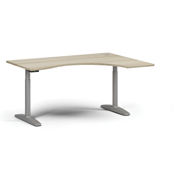 Výškově nastavitelný stůl OBOL, elektrický, 675-1325 mm, ergonomický pravý, deska 1600x1200 mm, šedá zaoblená podnož, dub přírodní
