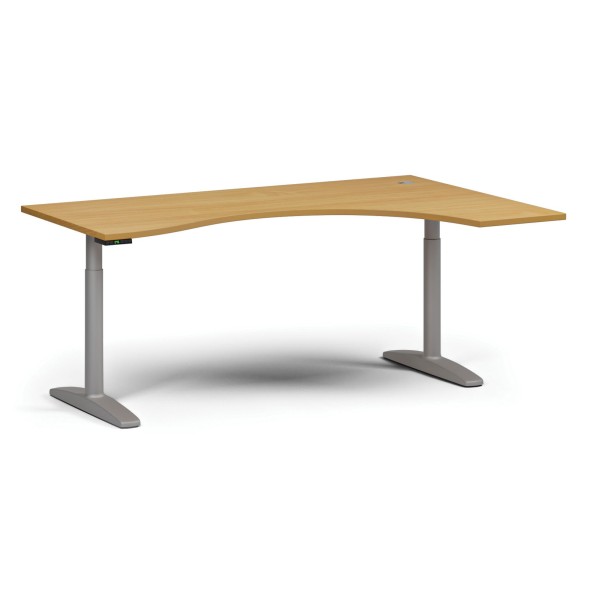 Výškově nastavitelný stůl OBOL, elektrický, 675-1325 mm, ergonomický pravý, deska 1800x1200 mm, šedá zaoblená podnož, buk