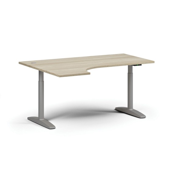 Výškově nastavitelný stůl OBOL, elektrický, 675-1325 mm, rohový levý, deska 1600x1200 mm, šedá zaoblená podnož, dub přírodní