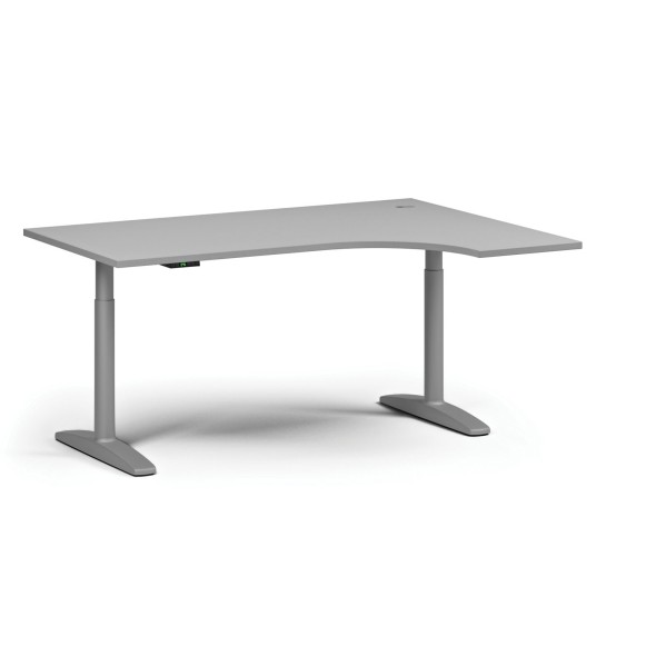 Výškově nastavitelný stůl OBOL, elektrický, 675-1325 mm, rohový pravý, deska 1600x1200 mm, šedá zaoblená podnož, šedá