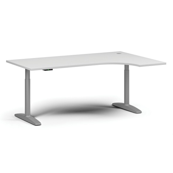Výškově nastavitelný stůl OBOL, elektrický, 675-1325 mm, rohový pravý, deska 1800x1200 mm, šedá zaoblená podnož, bílá