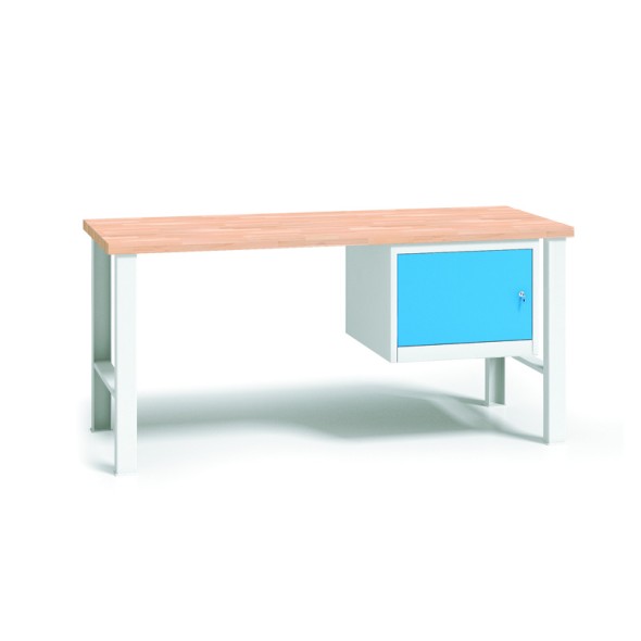 Výškovo nastaviteľný pracovný stôl do dielne WL so závesnou skrinkou na náradie, buková škárovka, 1500 x 685 x 840 - 1050 mm