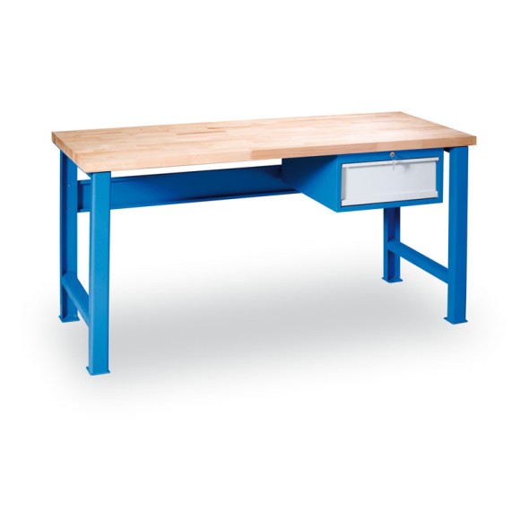 Výškovo nastaviteľný pracovný stôl GÜDE Variant so závesným boxom na náradie, buková škárovka, 1 zásuvka, 1700 x 800 x 850 - 1050 mm, modrá