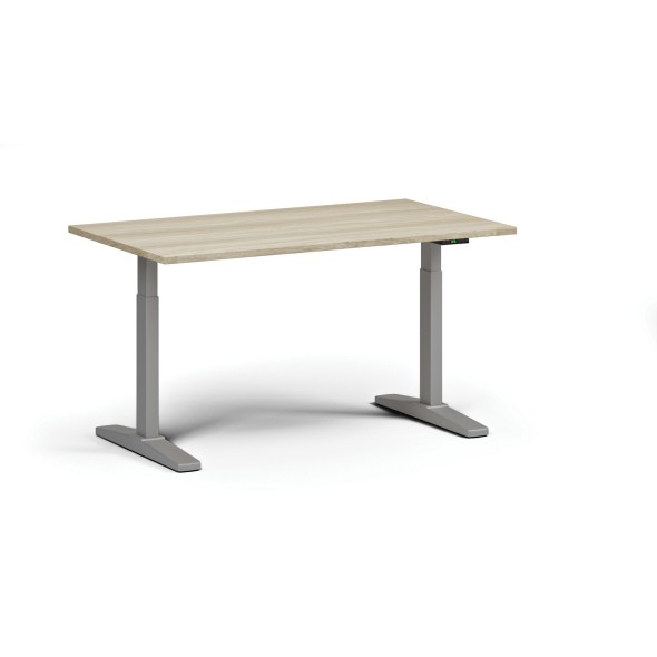Výškovo nastaviteľný stôl, elektrický, 675-1325 mm, doska 1400x800 mm, sivá podnož, dub prírodný