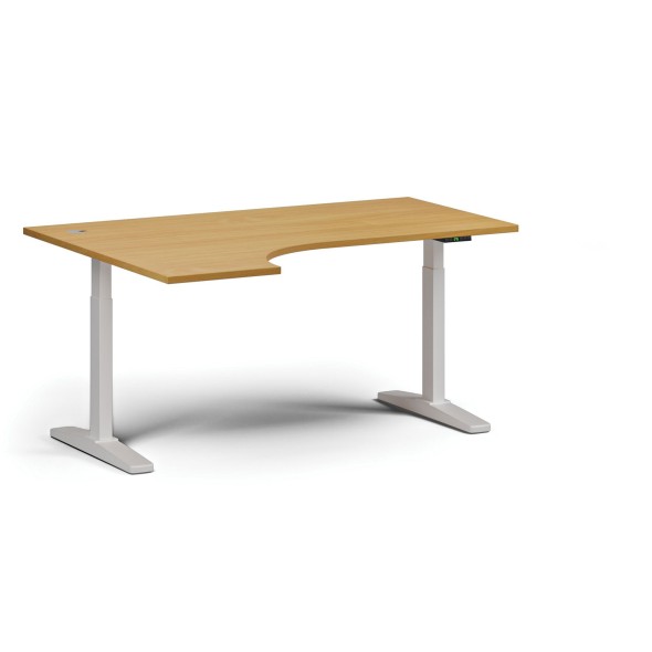 Výškovo nastaviteľný stôl, elektrický, 675-1325 mm, rohový ľavý, doska 1600 x 1200 mm, biela podnož, buk