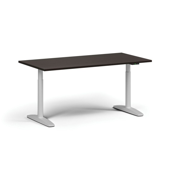 Výškovo nastaviteľný stôl OBOL, elektrický, 675-1325 mm, doska 1600x800 mm, biela zaoblená podnož, wenge