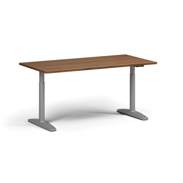 Výškovo nastaviteľný stôl OBOL, elektrický, 675-1325 mm, doska 1600x800 mm, sivá zaoblená podnož, orech