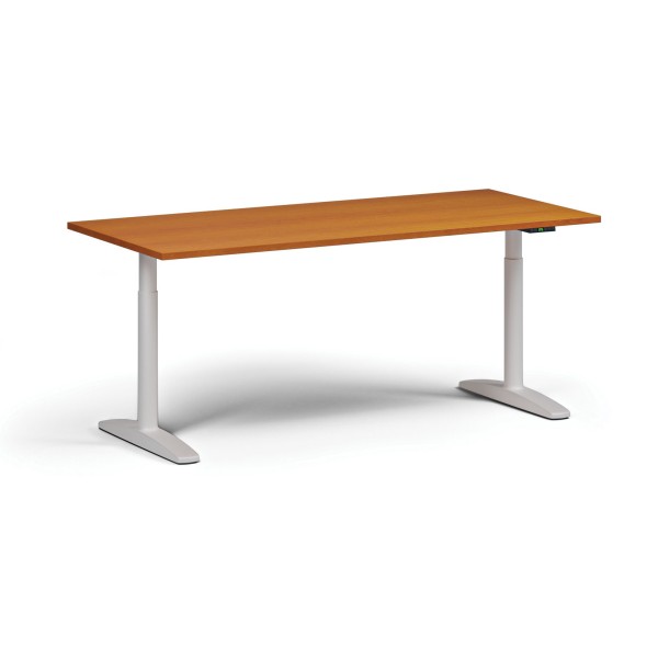 Výškovo nastaviteľný stôl OBOL, elektrický, 675-1325 mm, doska 1800x800 mm, biela zaoblená podnož, čerešňa