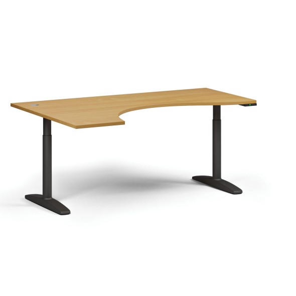Výškovo nastaviteľný stôl OBOL, elektrický, 675-1325 mm, ergonomický ľavý, doska 1800x1200 mm, čierna zaoblená podnož, buk