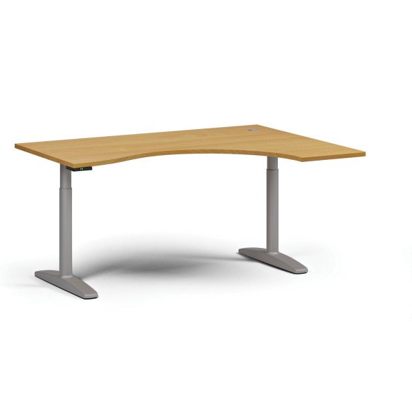 Výškovo nastaviteľný stôl OBOL, elektrický, 675-1325 mm, ergonomický pravý, doska 1600x1200 mm, sivá zaoblená podnož, buk