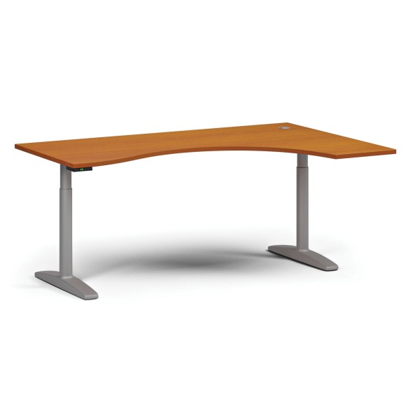 Výškovo nastaviteľný stôl OBOL, elektrický, 675-1325 mm, ergonomický pravý, doska 1800x1200 mm, sivá zaoblená podnož, čerešňa
