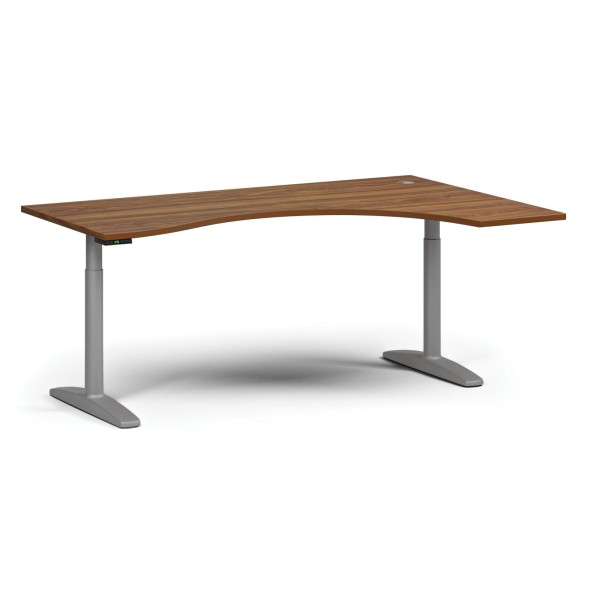 Výškovo nastaviteľný stôl OBOL, elektrický, 675-1325 mm, ergonomický pravý, doska 1800x1200 mm, sivá zaoblená podnož, orech