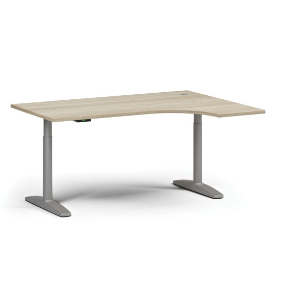 Výškovo nastaviteľný stôl OBOL, elektrický, 675-1325 mm, rohový pravý, doska 1600x1200 mm, sivá zaoblená podnož, dub prírodný