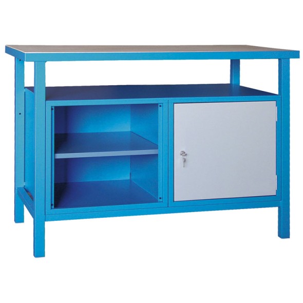 Warsztatowy stół roboczy GÜDE, świerk + bukowa sklejka, 1 szafka, 1 półka, 1190 x 600 x 850 mm, niebieski
