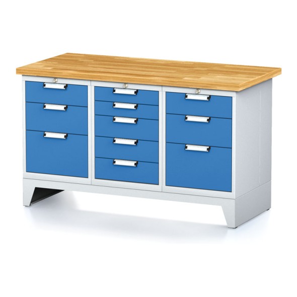 Werkbank MECHANIC, 1500x700x880 mm, 1x 5 Schubladencontainer, 2x 3 Schubladencontainer, grau/blau