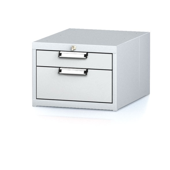 Závěsný dílenský box na nářadí k pracovním stolům MECHANIC, 2 zásuvky, 480 x 600 x 351 mm, šedé dveře