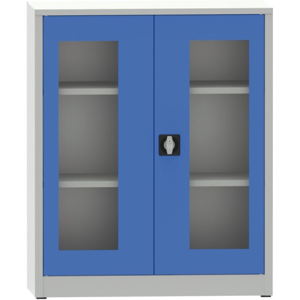 Zváraná policová skriňa s presklenými dverami, 1150 x 950 x 500 mm, sivá/modrá
