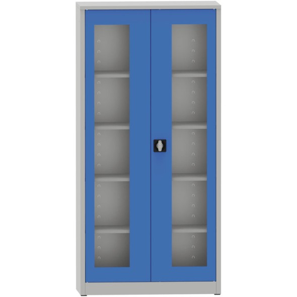 Zváraná policová skriňa s presklenými dverami, 1950 x 950 x 400 mm, sivá/modrá