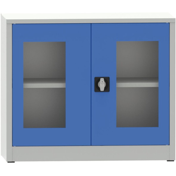 Zváraná policová skriňa s presklenými dverami, 800 x 950 x 600 mm, sivá/modrá