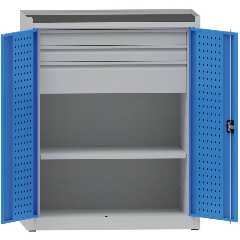 Fotografia produktu: Dielenská kovová skriňa na náradie KOVONA, 1 polica, 3 zásuvky, zváraná, nosnosť 50 kg, 950 x 500 x 1170 mm