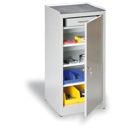 Dielenská policová skrinka na náradie, 3 police, 1 zásuvka, 450 x 450 x 1020 mm, sivé dvere