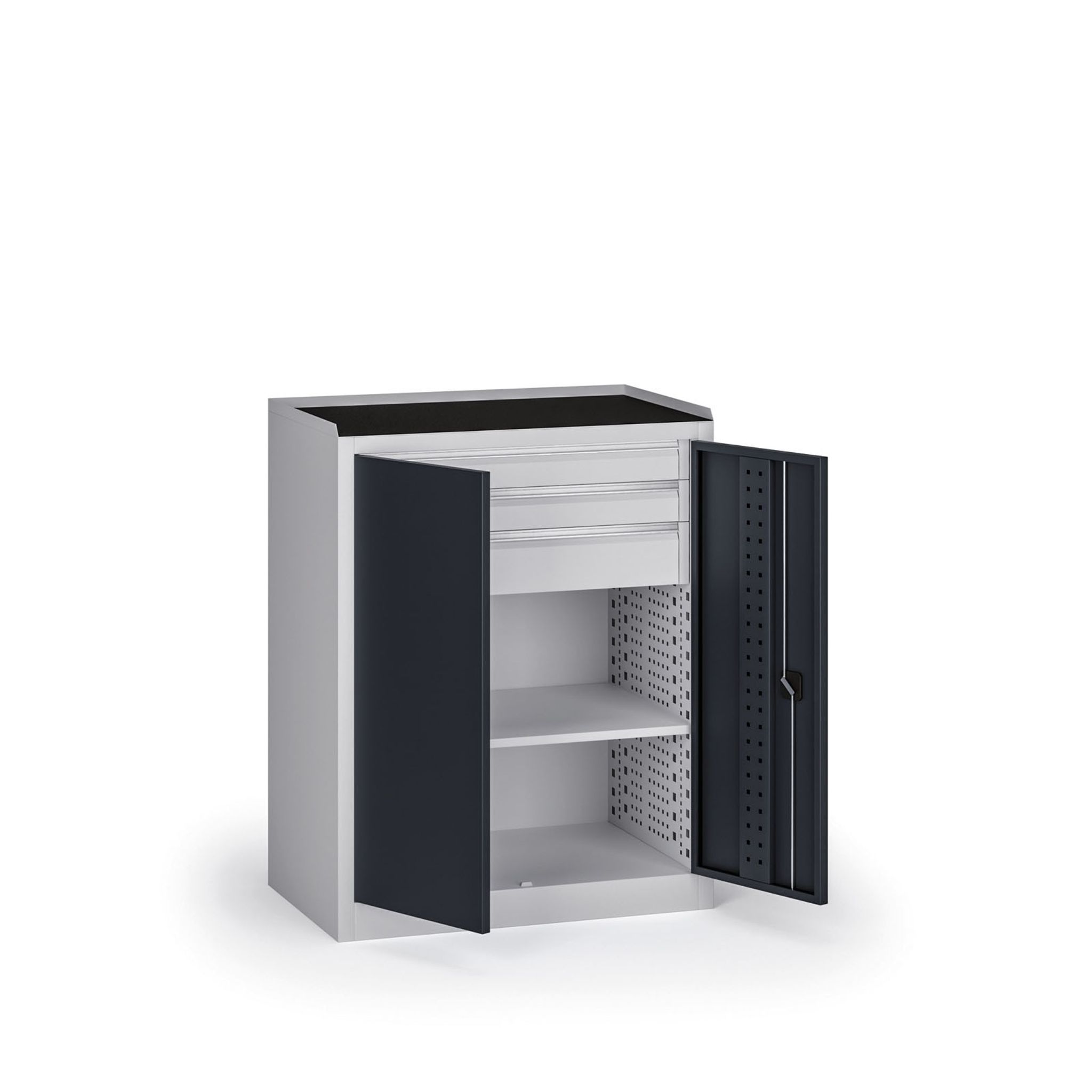 Dielenská skriňa nízka na náradie KOVOS, 1 police, 3 zásuvky, 950 x 600 x 1180 mm, grafit