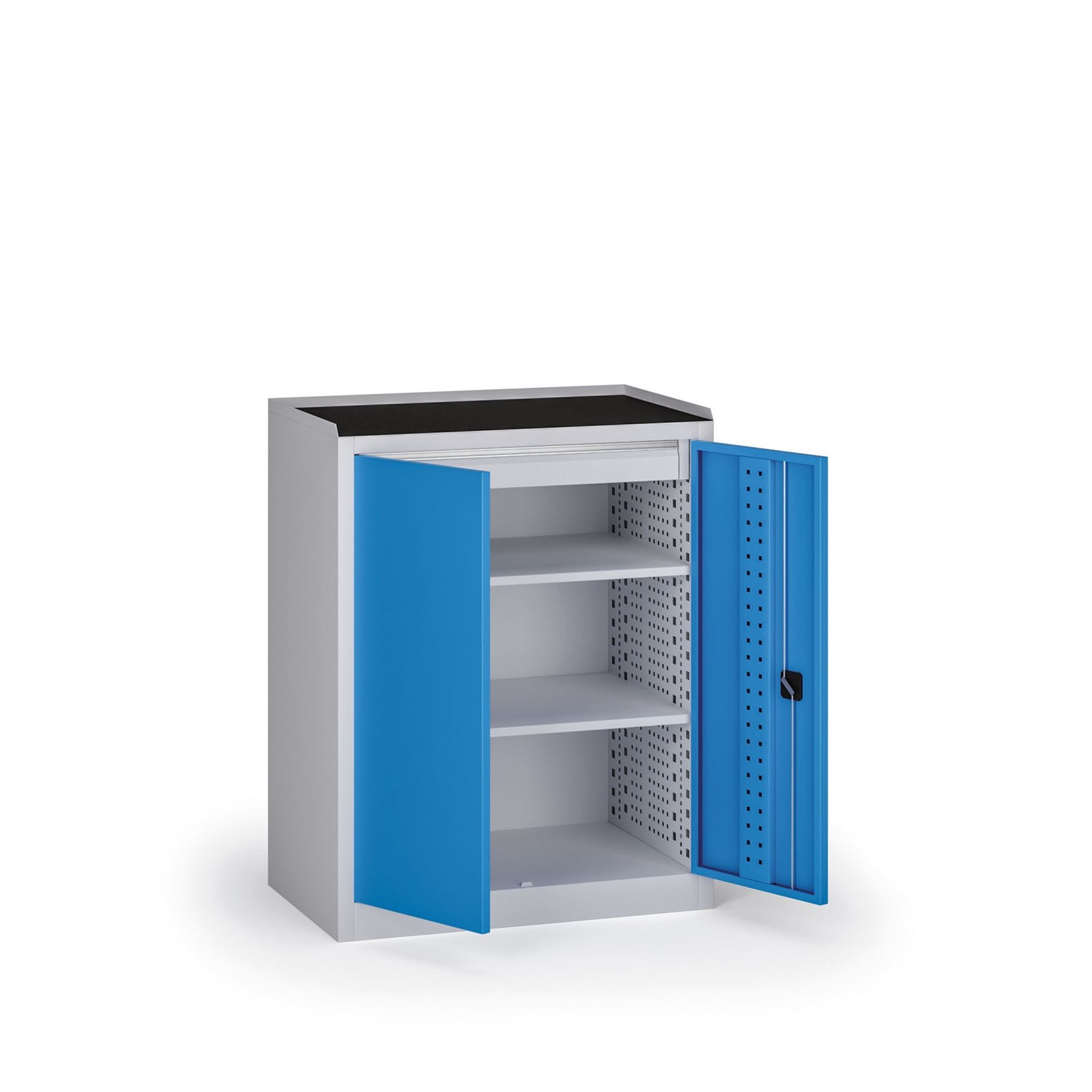 Dielenská skriňa nízka na náradie KOVOS, 2 police, 1 zásuvka, 950 x 600 x 1180 mm, modrá