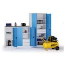 Dielenská skriňa nízka na náradie KOVOS, 2 police, 1 zásuvka, 950 x 600 x 1180 mm, modrá