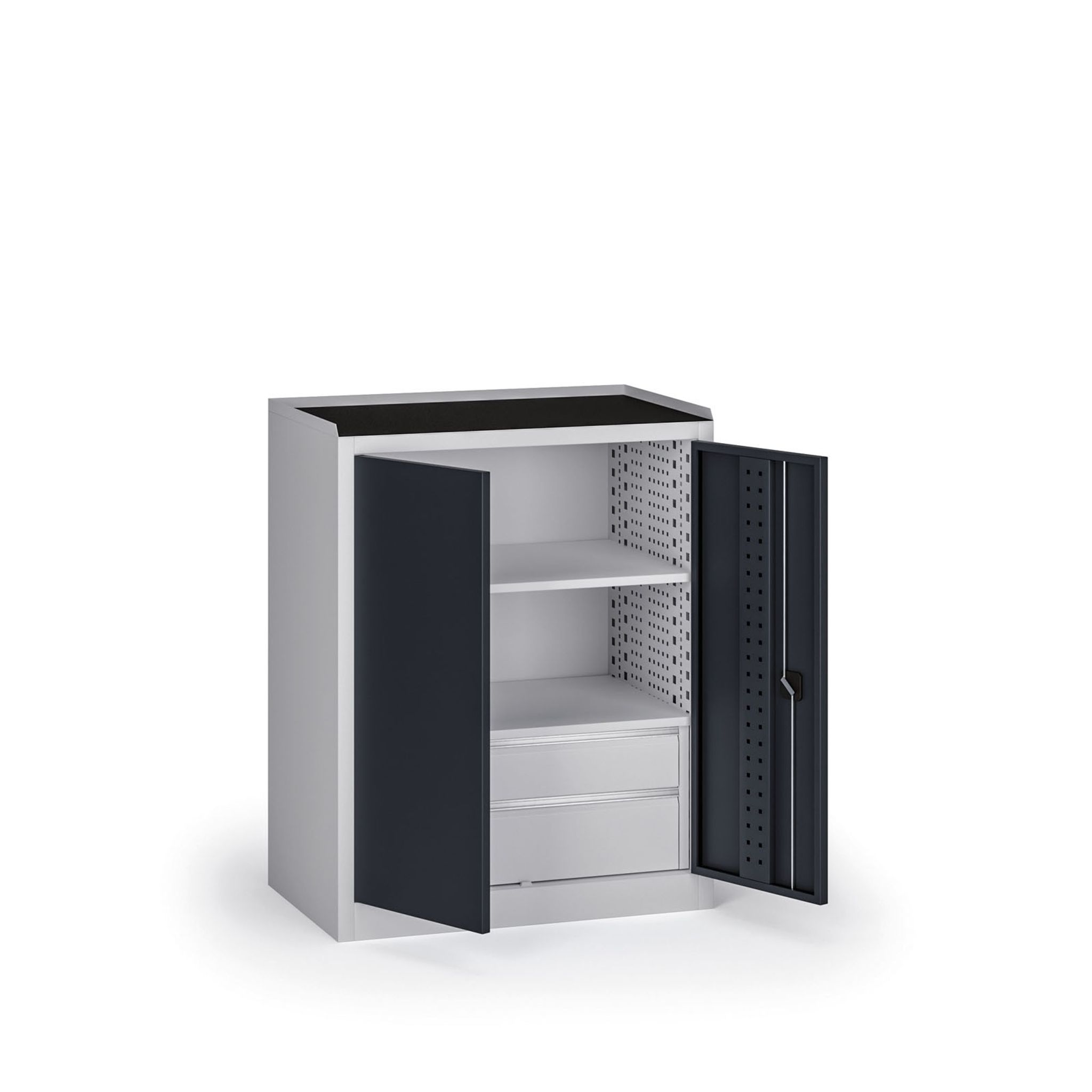 Dielenská skriňa nízka na náradie KOVOS, 2 police, 2 zásuvky, 950 x 600 x 1180 mm, grafit