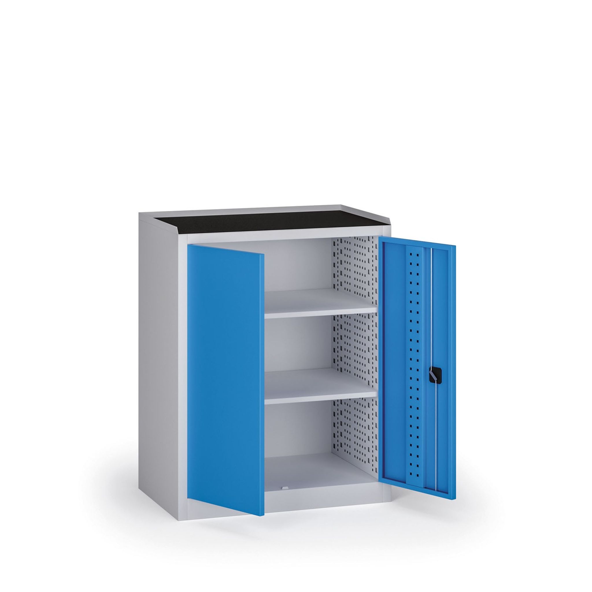 Dielenská skriňa nízka na náradie KOVOS, 2 police, 950 x 600 x 1180 mm, modrá