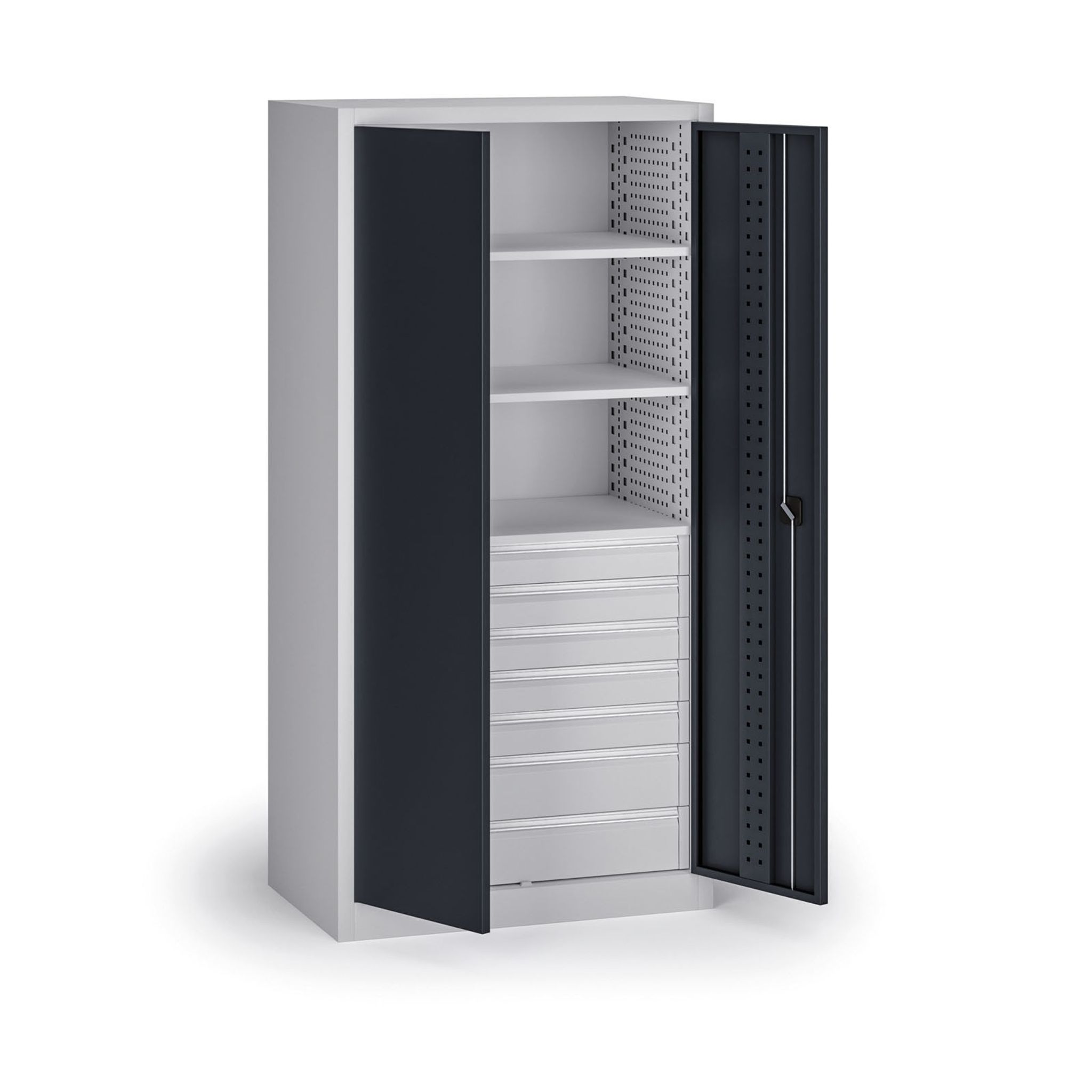 Dielenská zásuvková skriňa na náradie KOVOS, 3 police, 7 zásuviek, perforovaná, 950 x 600 x 1950 mm, grafit